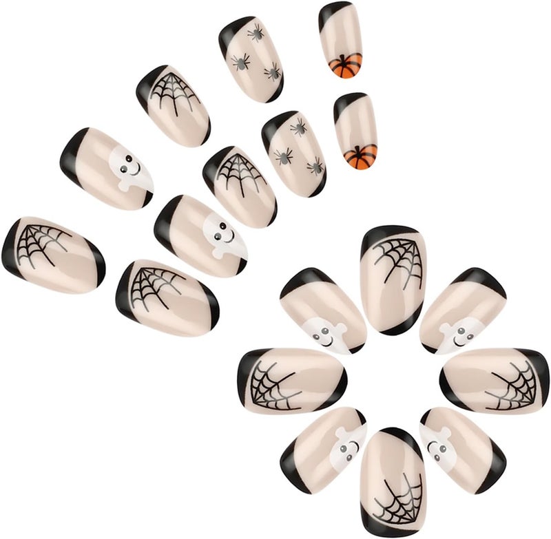 WULIUFLY Minimal design Halloween Press on Nails Short Oval Fake Nails Nude Glue on Nails Cute False Nails Ghost Cobweb Spider Pumpkin Acrylic Nails Design Short Nails Press ons Artificial Nails Kit 24Pcs Hardened processed substance - Image 5