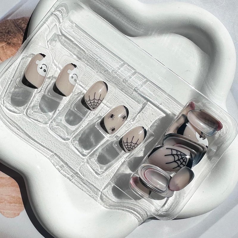 WULIUFLY Minimal design Halloween Press on Nails Short Oval Fake Nails Nude Glue on Nails Cute False Nails Ghost Cobweb Spider Pumpkin Acrylic Nails Design Short Nails Press ons Artificial Nails Kit 24Pcs Hardened processed substance - Image 3