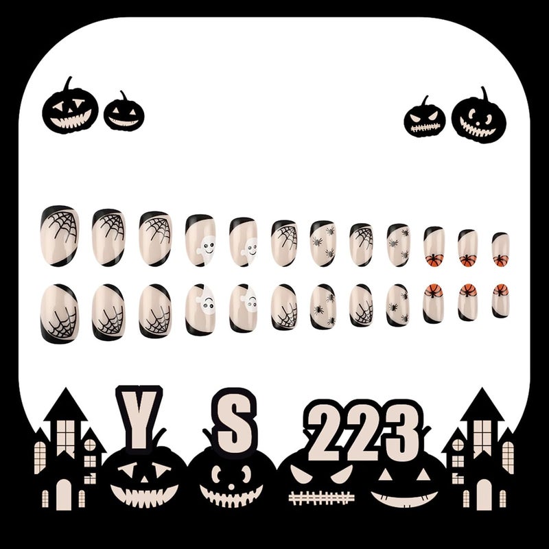 WULIUFLY Minimal design Halloween Press on Nails Short Oval Fake Nails Nude Glue on Nails Cute False Nails Ghost Cobweb Spider Pumpkin Acrylic Nails Design Short Nails Press ons Artificial Nails Kit 24Pcs Hardened processed substance - Image 2