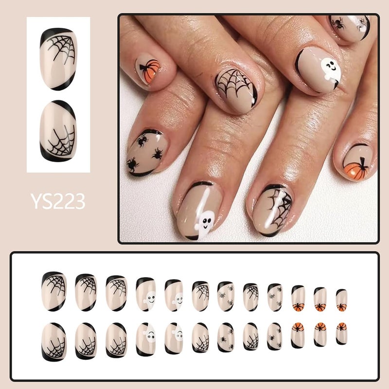WULIUFLY Minimal design Halloween Press on Nails Short Oval Fake Nails Nude Glue on Nails Cute False Nails Ghost Cobweb Spider Pumpkin Acrylic Nails Design Short Nails Press ons Artificial Nails Kit 24Pcs Hardened processed substance - Image 4