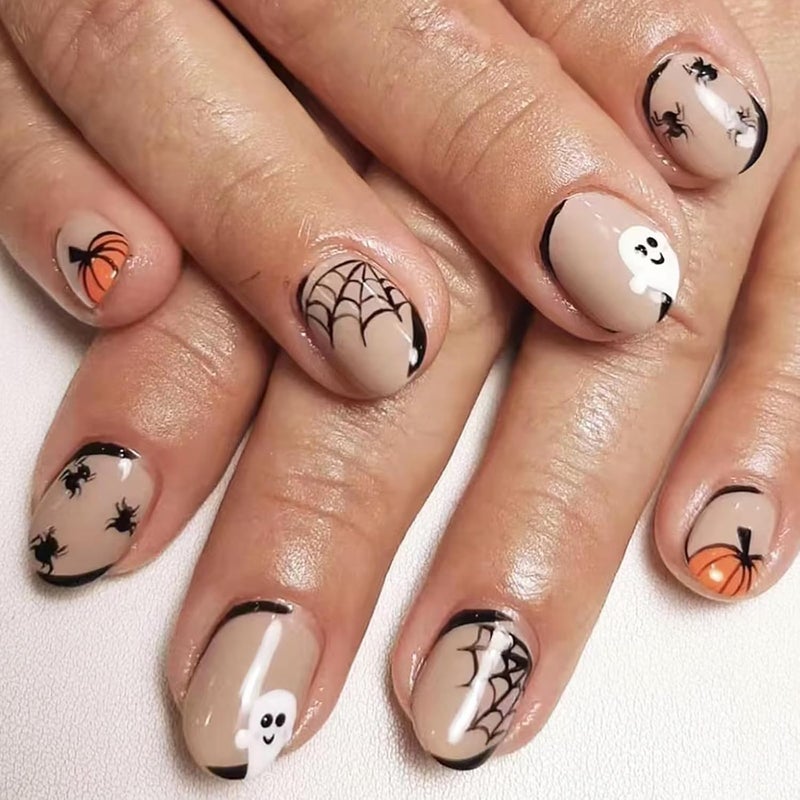 WULIUFLY Minimal design Halloween Press on Nails Short Oval Fake Nails Nude Glue on Nails Cute False Nails Ghost Cobweb Spider Pumpkin Acrylic Nails Design Short Nails Press ons Artificial Nails Kit 24Pcs Hardened processed substance - Image 1