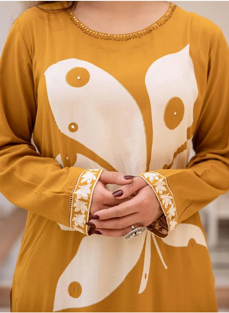 آي شين Women's Mustard Rayon Printed Tunic Full Length Palazzo Straight Fit Kurta Set