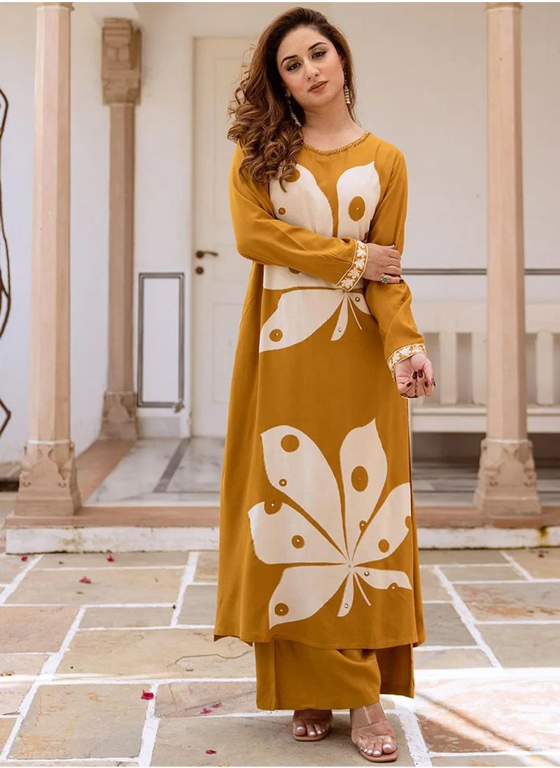 آي شين Women's Mustard Rayon Printed Tunic Full Length Palazzo Straight Fit Kurta Set
