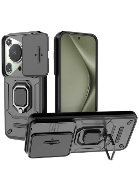 Case Compatible with Huawei Pura 70 Ultra Case, 360° Metal Ring Kickstand Shell with Lens Slide Window Shockproof Protective Cover for Huawei Pura 70 Ultra