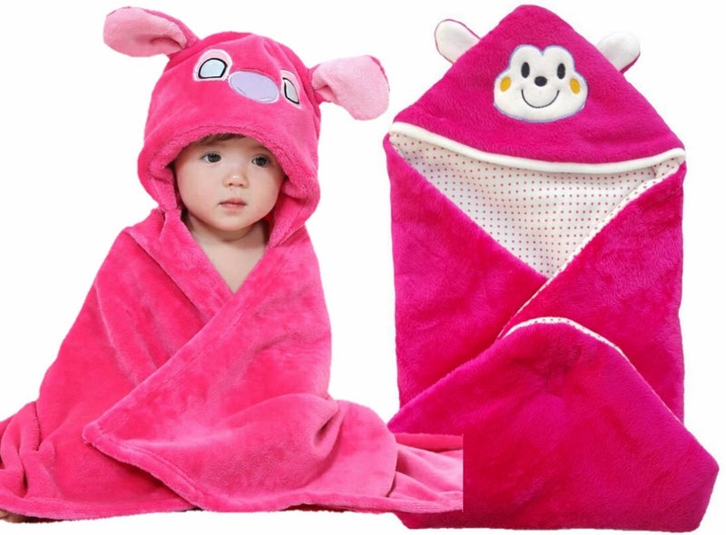 BRANDONN Newborn Combo of Furry Glacier Hooded Smily Baby Blanket and Premium Glacier Hooded Baby Wrapper(Pack of 2,HOTPINK) - Image 1