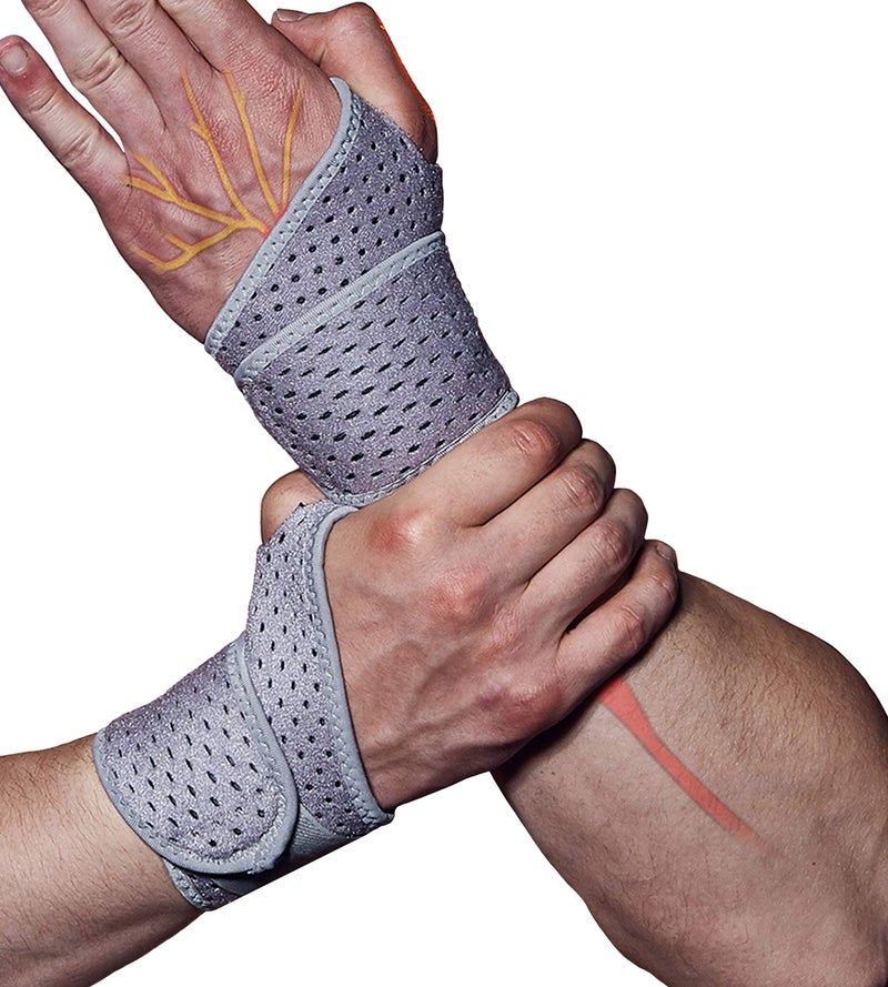 HiRui 2 Pack Wrist Compression Strap and Wrist Brace Sport Wrist Support for Fitness Weightlifting Tendonitis Carpal Tunnel Arthritis Pain ReliefWear AnywhereAdjustable Gray