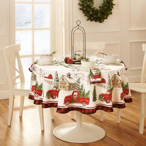 Elrene Home Fashions Vintage Truck Christmas Tree Farm Wrinkle Resistant Tablecloth 60X84 Oval - Image 3