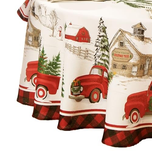 Elrene Home Fashions Vintage Truck Christmas Tree Farm Wrinkle Resistant Tablecloth 60X84 Oval - Image 1