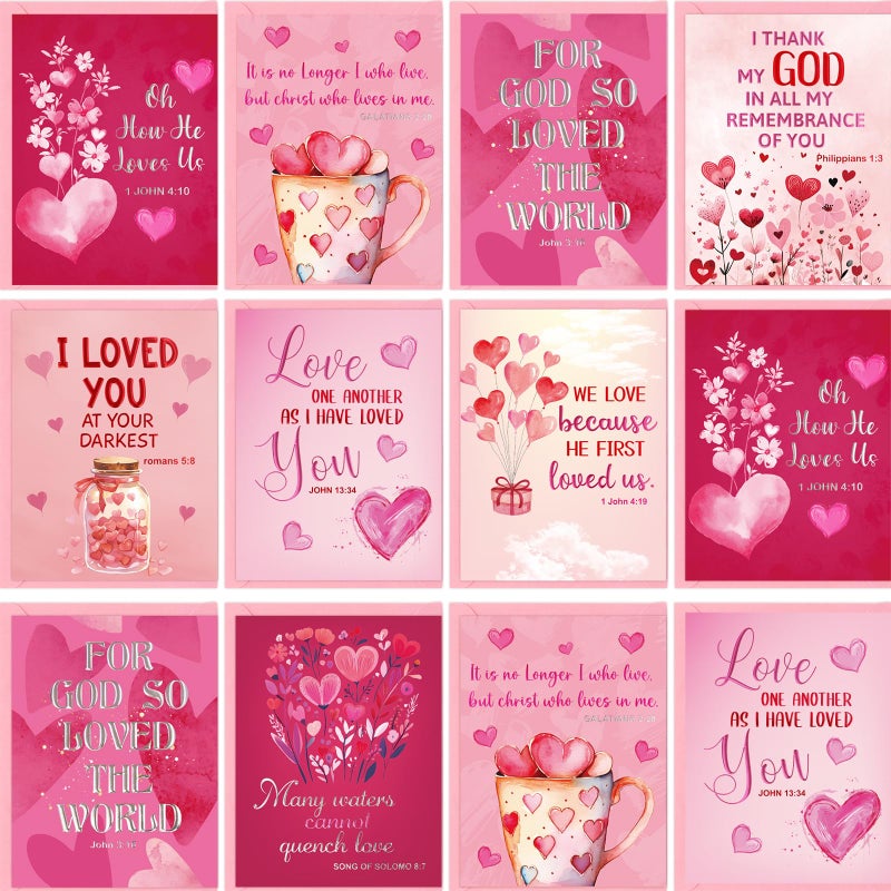 WorldBazaar Religious Valentines Day Cards with Envelopes 24 Pack Foil Valentine Cards with Bible Verses Bulk Gifts Party Scripture Cards Assortment Red Pink Hearts Classroom Exchange - Image 1