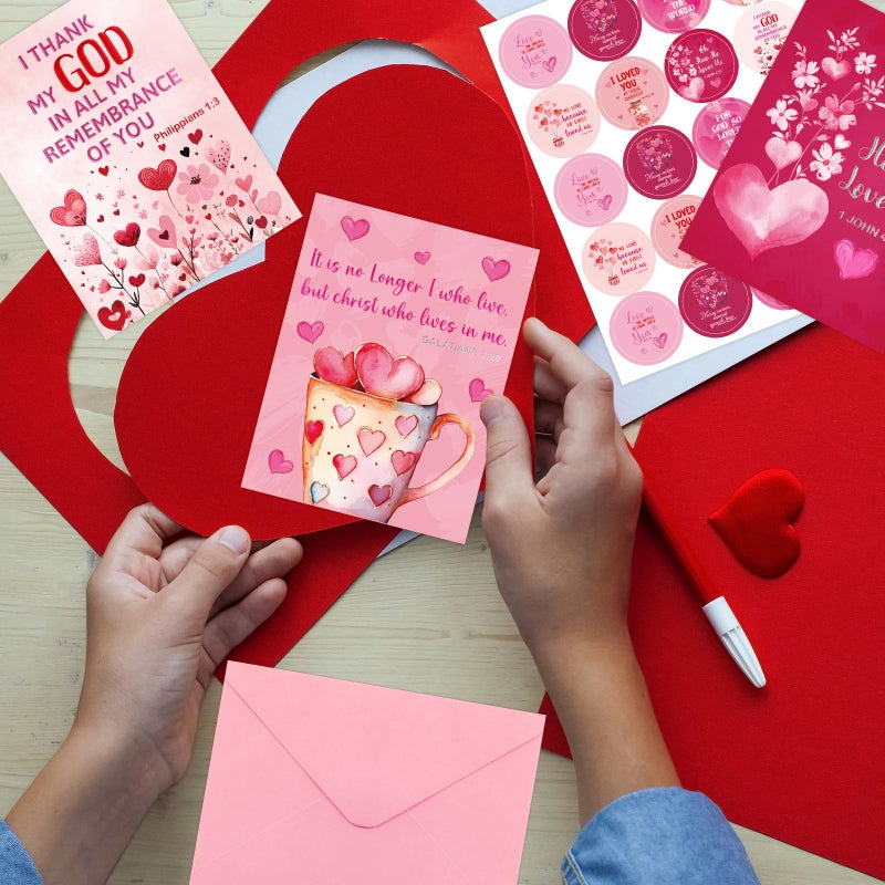 WorldBazaar Religious Valentines Day Cards with Envelopes 24 Pack Foil Valentine Cards with Bible Verses Bulk Gifts Party Scripture Cards Assortment Red Pink Hearts Classroom Exchange - Image 5