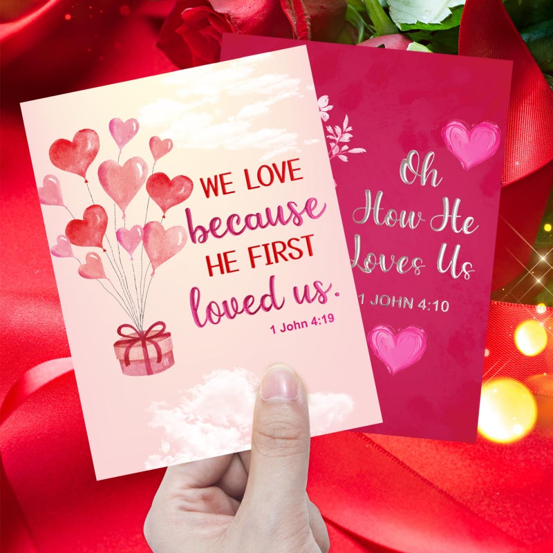 WorldBazaar Religious Valentines Day Cards with Envelopes 24 Pack Foil Valentine Cards with Bible Verses Bulk Gifts Party Scripture Cards Assortment Red Pink Hearts Classroom Exchange - Image 3