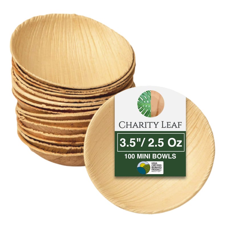 Charity Leaf Disposable Palm Leaf 3.5"" Round Mini Bowl (100 pcs) Dipping Bowls | Bamboo Like| All Natural and Biodegradable | Charcuterie Boards  BBQs  and Parties - Image 1