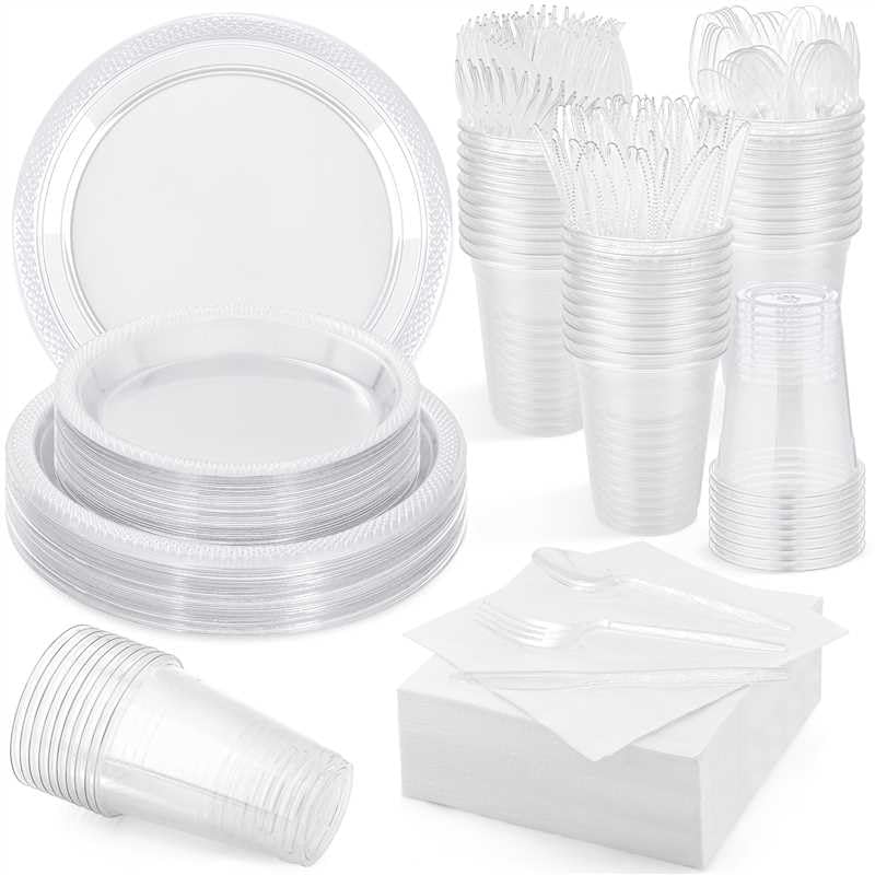 Aodaer 400 Pieces Clear Party Supplies Disposable Dinnerware Set Include Plastic Plates Cups Knives Forks Spoons Paper Napkins for Birthday Wedding Graduation Parties  Serve 50 Guests - Image 1