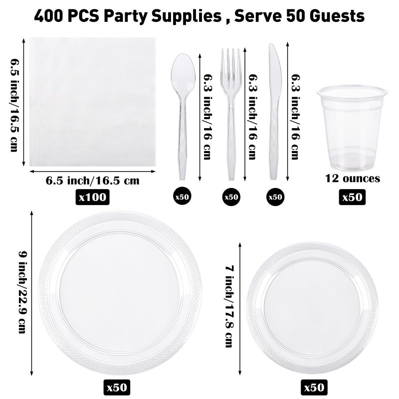 Aodaer 400 Pieces Clear Party Supplies Disposable Dinnerware Set Include Plastic Plates Cups Knives Forks Spoons Paper Napkins for Birthday Wedding Graduation Parties  Serve 50 Guests - Image 2