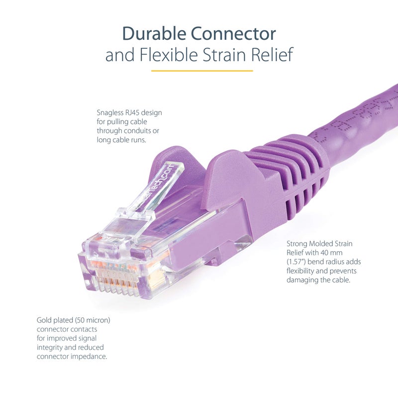 StarTech.com 15ft CAT6 Ethernet Cable - Purple CAT 6 Gigabit Ethernet Wire -650MHz 100W PoE RJ45 UTP Network/Patch Cord Snagless w/Strain Relief Fluke Tested/Wiring is UL Certified/TIA (N6PATCH15PL) - Image 3