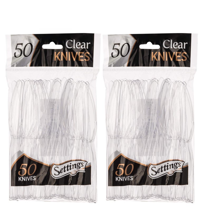 Settings إعدادات 100 قطعة سكاكين بلاستيكية شفافة ثقيلة الوزن أدوات مائدة قابلة للتصرف رائعة للاستخدام في المنزل أو المكتب أو المدرسة أو الحفلات أو النزهات أو المطاعم أو الوجبات السريعة أو الفعاليات الخارجية أو الاستخدام اليومي 2 أكياس