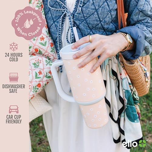 Ello Oasis 30 oz Tumbler with Handle & Retracting Straw | Reusable Insulated Stainless Steel Cup 100% Leakproof, Gifts for Teens Women Men | Keeps cold for 24 Hours, Cup Holder Friendly, Daisies - Image 4