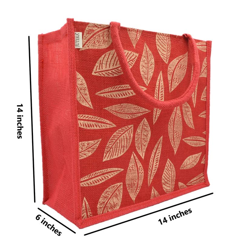 JUTEKA Unisex Printed Lunch, Office, Grocery, Picnic, Tote, Tiffin, Shopping, Jute Bag with Padded Cotton Handles,Red - Image 5