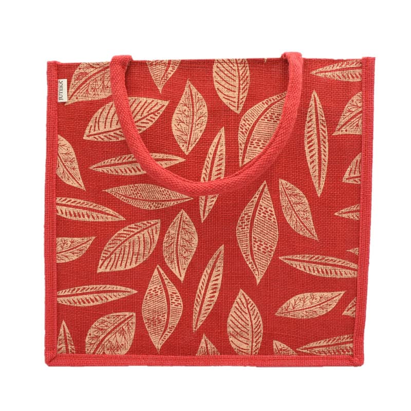 JUTEKA Unisex Printed Lunch, Office, Grocery, Picnic, Tote, Tiffin, Shopping, Jute Bag with Padded Cotton Handles,Red - Image 2