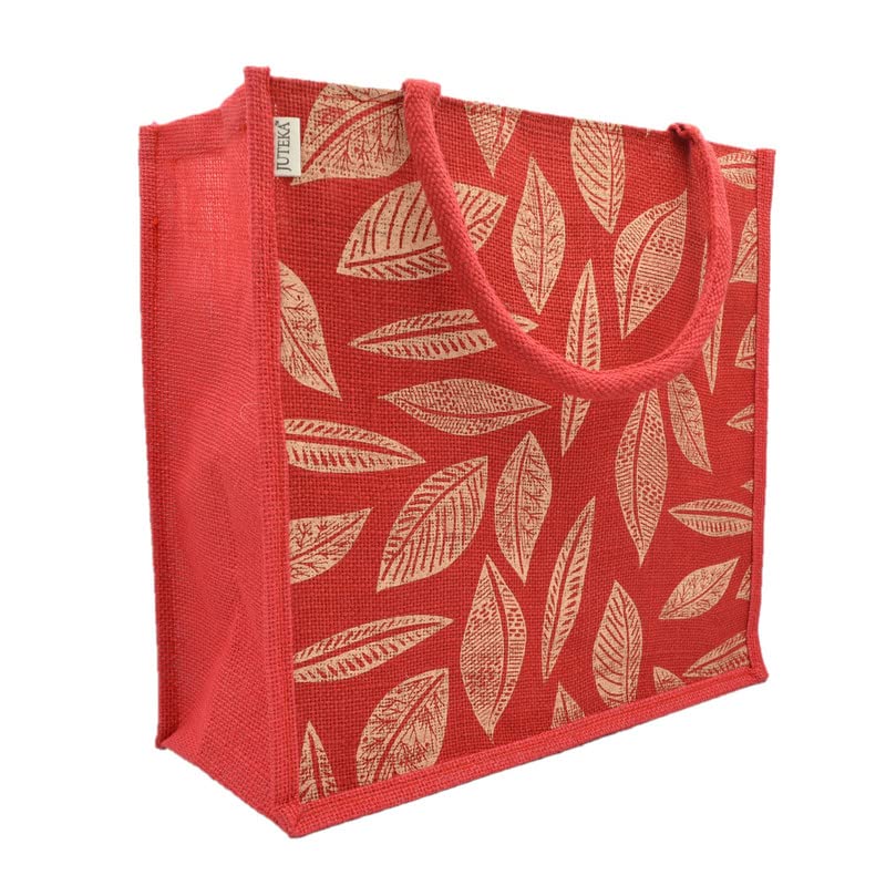 JUTEKA Unisex Printed Lunch, Office, Grocery, Picnic, Tote, Tiffin, Shopping, Jute Bag with Padded Cotton Handles,Red - Image 1