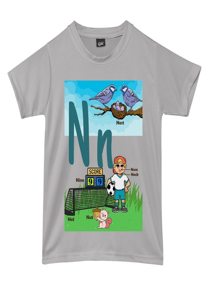 RISH Alphabet - N - T Shirt for Boys and Girls | Polyester Quick Dryfit Birthday Educational Phonic Tees for Toddler Kids Outfit Grey 1-2 Years - Image 1