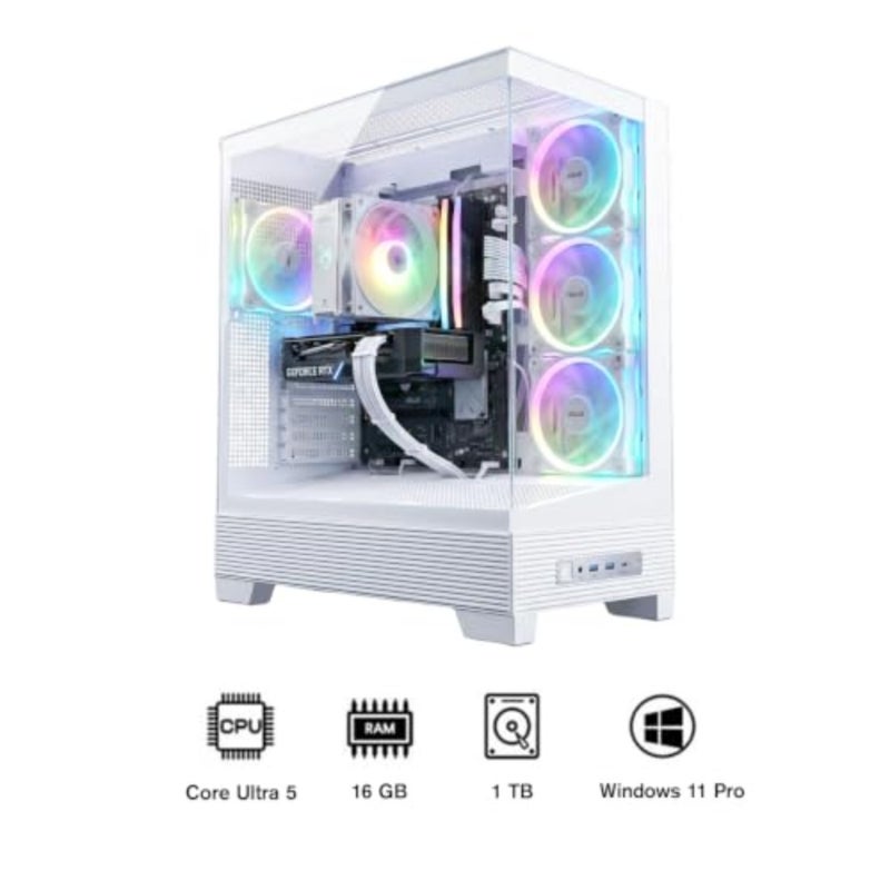كمبيوتر مكتبي للألعاب 5060، Intel Core Ultra 5، ووحدة معالجة رسومات RTX 5060 8G، وذاكرة وصول عشوائي DDR5 سعة 16 جيجابايت، ومحرك أقراص SSD سعة 1 تيرابايت، ولوحة أم B860، وحقيبة ASUS A31، ومبرد هواء رقمي ARGB، ووحدة PSU ذهبية بقدرة 750 وات، ونظام Windows PRO أبيض - Image 2