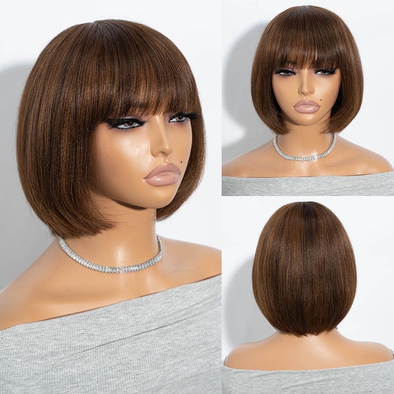 Joedir Short Human Hair Wig with Bangs Straight Bob Wigs for Women Highlights Brown Bob Wig Human Hair 8 Inches Straight None Lace Front Glueless Wigs for Daily Wear