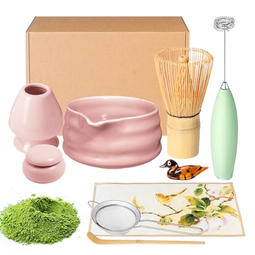 ELIMTEC Matcha Whisk Set and Bowl, Matcha Making Kit Whisk, Bowl With Spout, Sifter, Ceramic Whisk Holder, Spoon Japanese Tea Powder Starter Tools For Ceremony Gift (Pink, 9 Pack) - Image 1