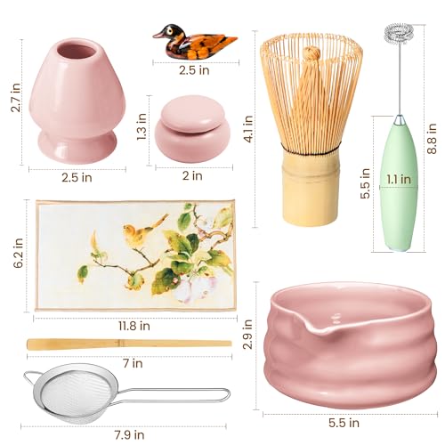 ELIMTEC Matcha Whisk Set and Bowl, Matcha Making Kit Whisk, Bowl With Spout, Sifter, Ceramic Whisk Holder, Spoon Japanese Tea Powder Starter Tools For Ceremony Gift (Pink, 9 Pack) - Image 2