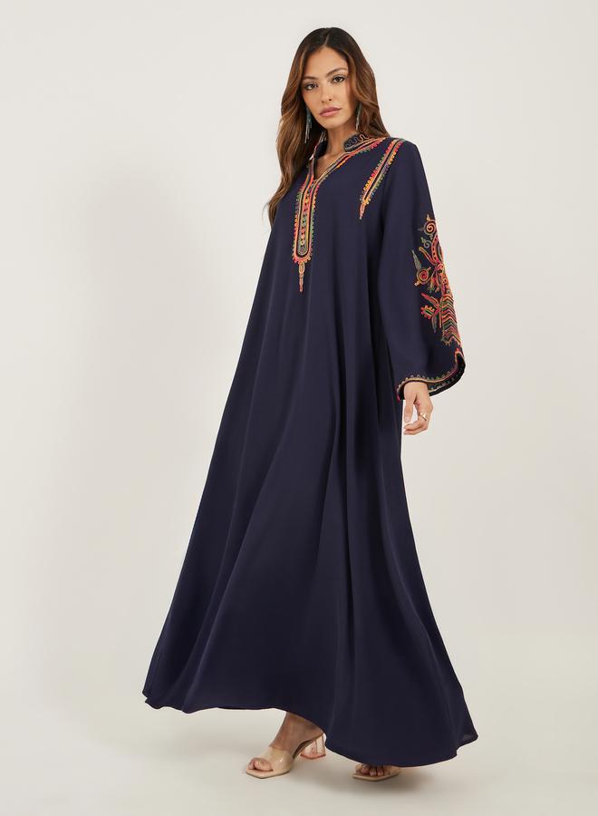 Styli Navy Blue Embroidered Stand Collar Jalabiya  - Image 2