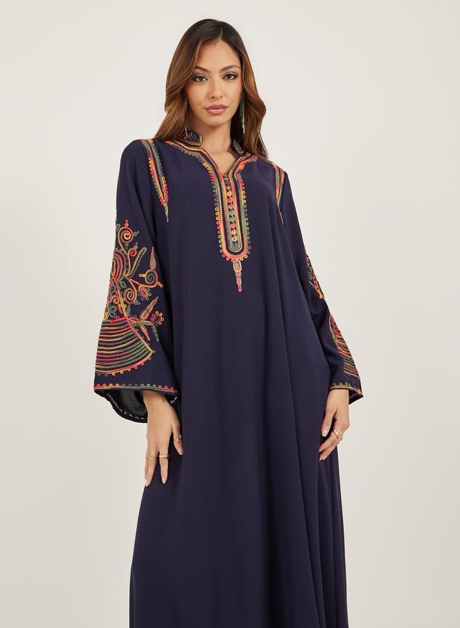Styli Navy Blue Embroidered Stand Collar Jalabiya  - Image 3
