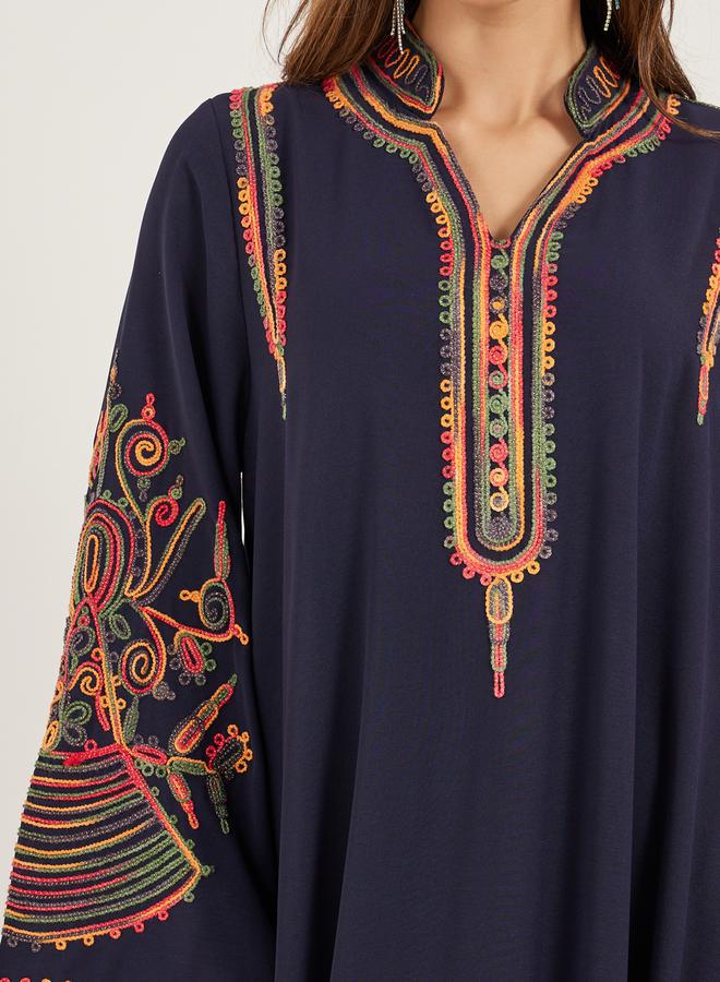 Styli Navy Blue Embroidered Stand Collar Jalabiya  - Image 4