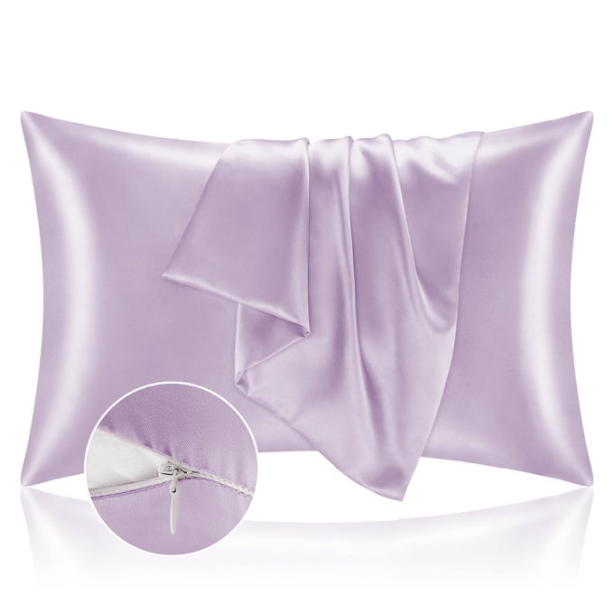 SATIN PILLOWCASE WITH ZIPPER 2 PACK LAVENDER PILLOW CASES STANDARD SIZE SUPER SOFT AND COOLING SIMILAR TO SILK PILLOW CASES GIFT FOR WOMEN MEN20X26 INCHES