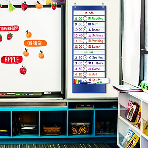 AUVCAS Daily Schedule Pocket Chart, 13+1 Pockets Visual Schedule for Kids, 18 Reusable Dry Eraser Cards 2 Over The Door Hooks, Daily Schedule for Kids, Classroom, School, Office or Home (BLUE) - Image 2