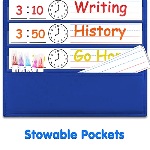 AUVCAS Daily Schedule Pocket Chart, 13+1 Pockets Visual Schedule for Kids, 18 Reusable Dry Eraser Cards 2 Over The Door Hooks, Daily Schedule for Kids, Classroom, School, Office or Home (BLUE) - Image 5