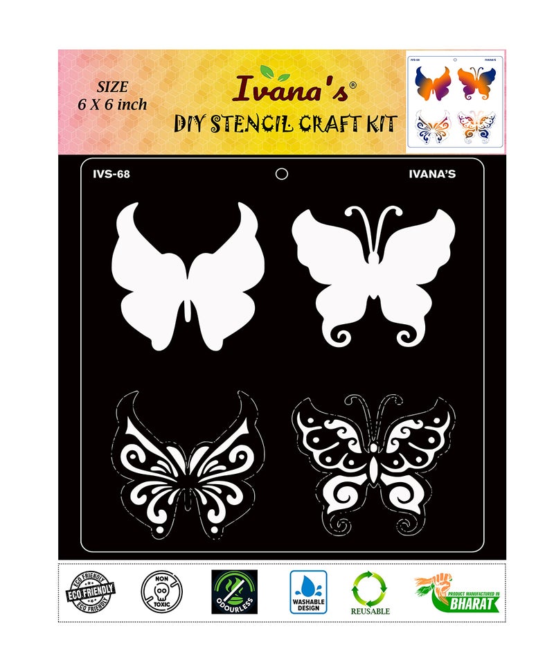 IVANA'S Butterfly Stencil for Art & Craft, DIY Decorative Stencil for Painting on Canvas, Fabric, Cloth, Paper, Glass, Furniture and Wall, Size - 6 x 6 inch, Pack of 1, IVS-68, Off White - Image 1