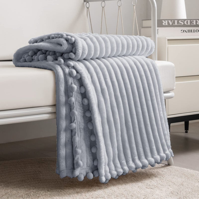 DISSA Fleece Blanket Twin Size  60x80 Grey  Soft Plush Fluffy Fuzzy Warm Cozy  Perfect Throw for Couch Bed Sofa  with Pompom Fringe  Flannel Blanket