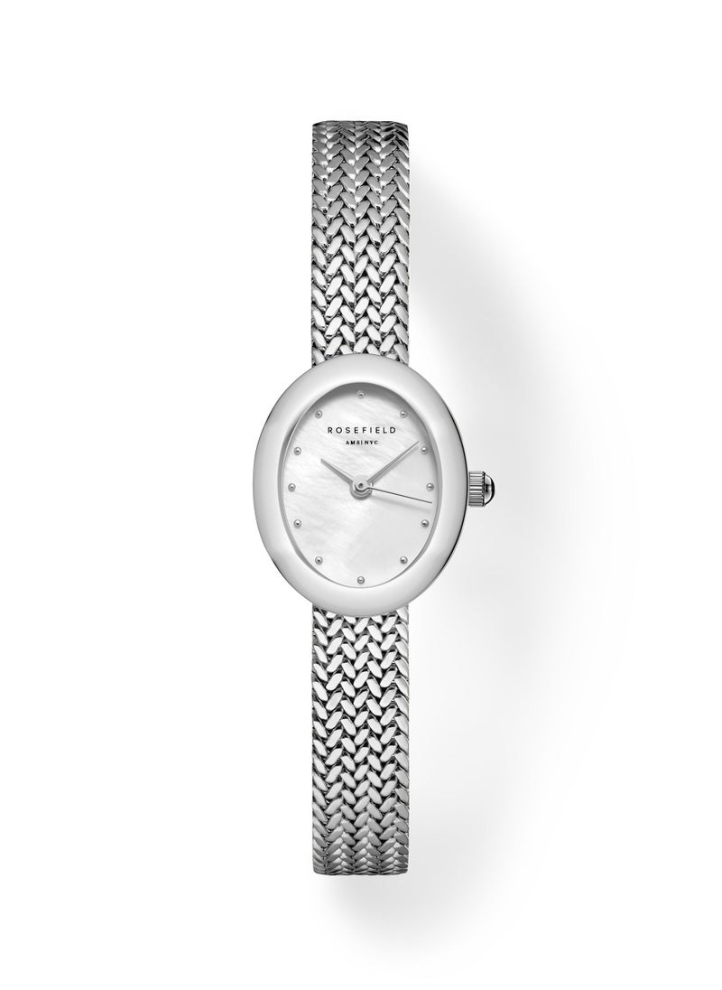RoseField Mini Oval White Dial Silver Woven Mesh Strap  - Image 1