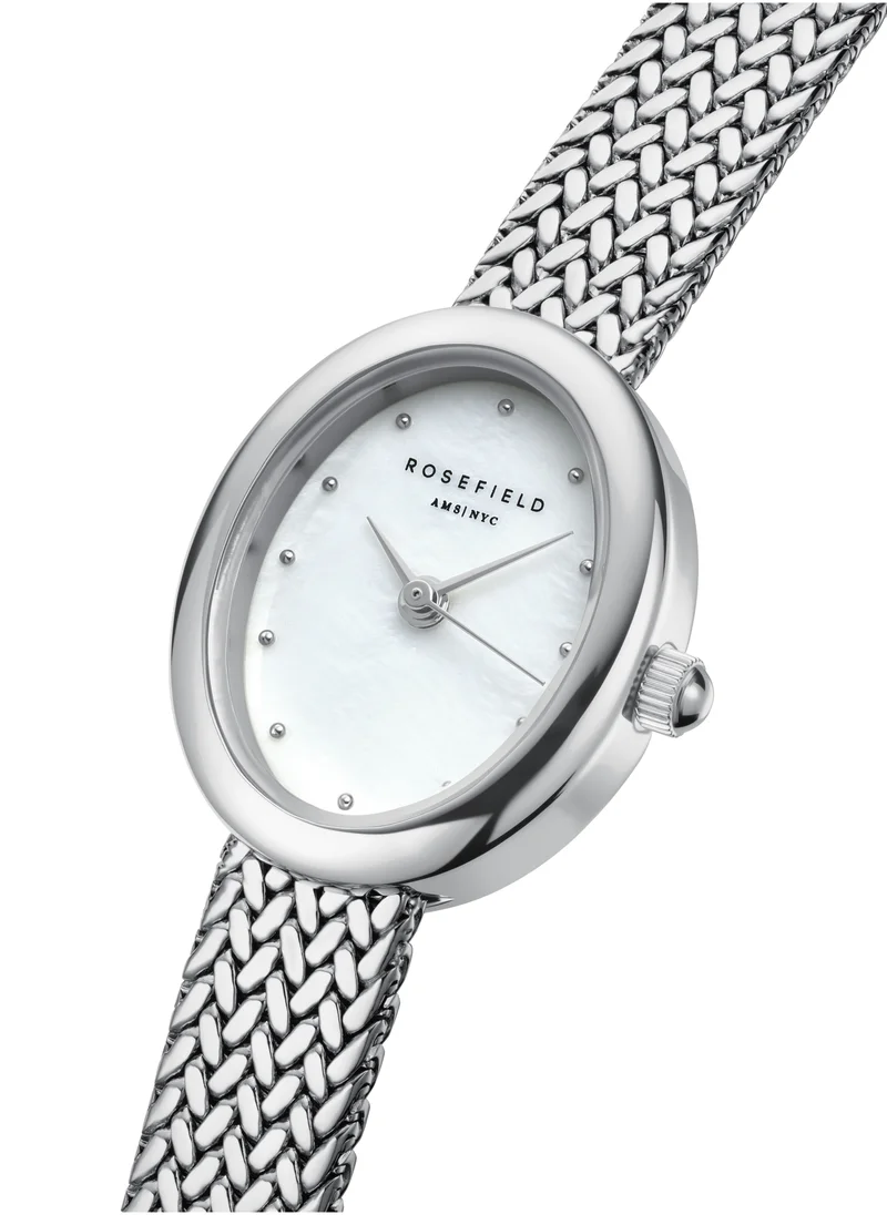 RoseField Mini Oval White Dial Silver Woven Mesh Strap