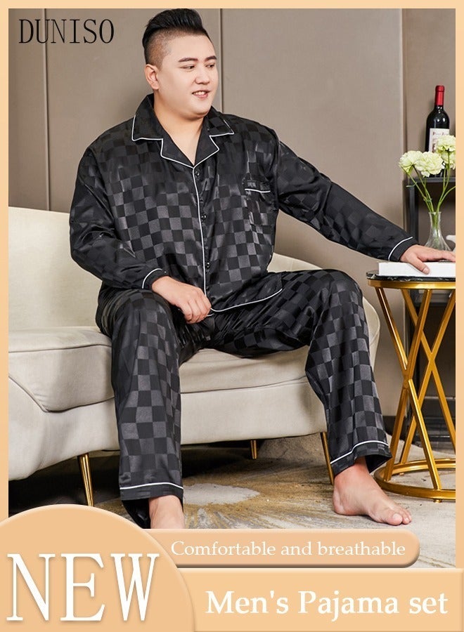 DUNISO 2-piece Extra Large Men' s Pajama Set Silk Satin Long Sleeve Sleepwear with Button Classic Loungewear Nightwear Notch Neck Shirt and Waist Elastic Pants Pajama for Chubby Men - Image 1