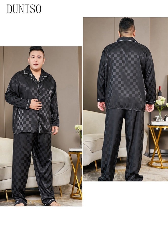 DUNISO 2-piece Extra Large Men' s Pajama Set Silk Satin Long Sleeve Sleepwear with Button Classic Loungewear Nightwear Notch Neck Shirt and Waist Elastic Pants Pajama for Chubby Men - Image 4