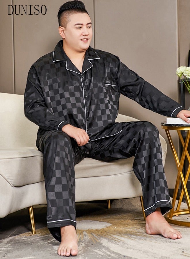 DUNISO 2-piece Extra Large Men' s Pajama Set Silk Satin Long Sleeve Sleepwear with Button Classic Loungewear Nightwear Notch Neck Shirt and Waist Elastic Pants Pajama for Chubby Men - Image 3
