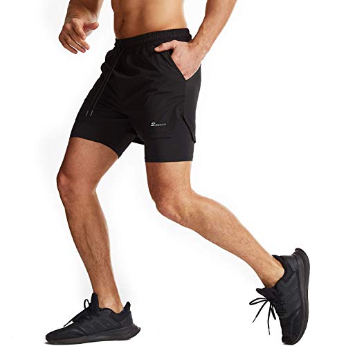Surenow Mens 2 in 1 Running Shorts Quick Dry Athletic Shorts with Liner, Workout Shorts with Zip Pockets and Towel Loop Black - Image 3