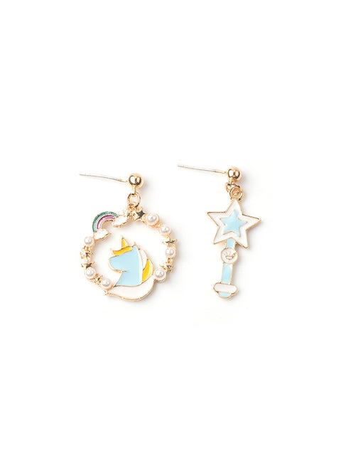 Asymmetric Silver Needle Earrings with Unicorn Charm E1961-8# Pearl Unicorn
