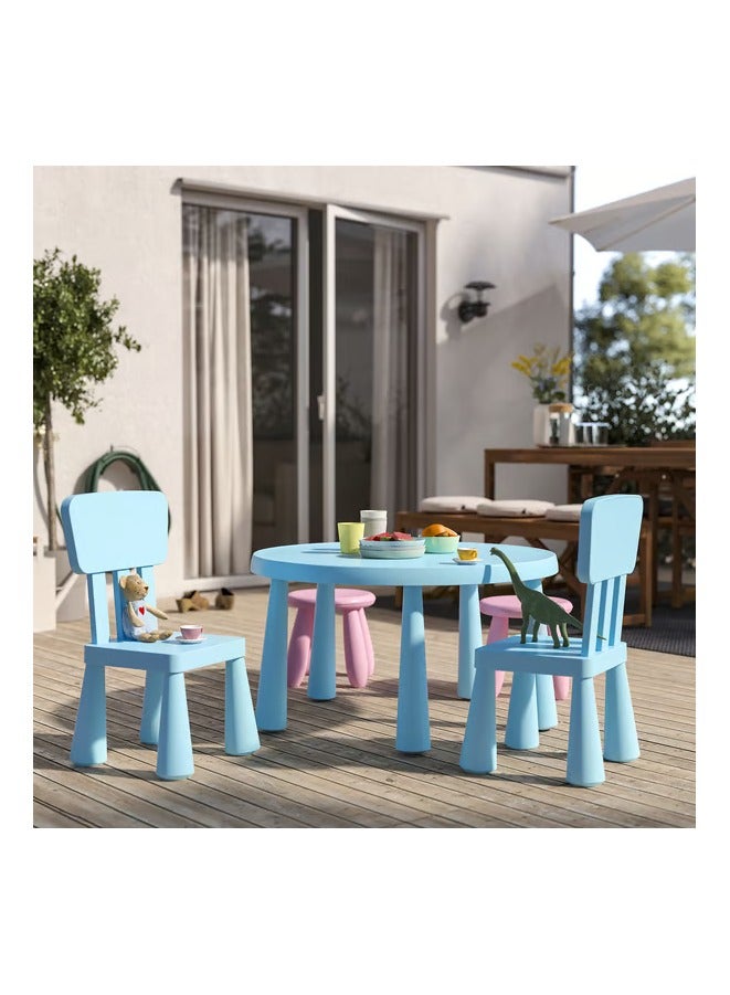 Round sky blue children's table with two sky blue children's chairs - Image 1