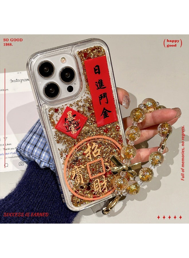 NIBEMINENT New Year Wealth Attraction Flow Protective TPU Case Cover For iPhone 16 Plus, Gold Foil Flowing Sand - Bringing Wealth and Treasure With Golden Bow Tie Bracelet - Image 1
