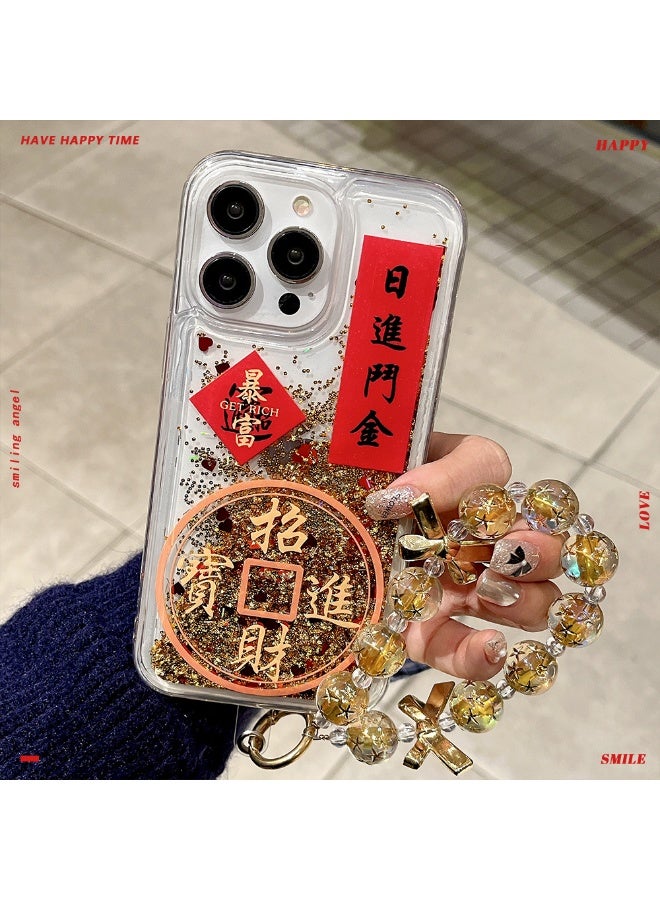 NIBEMINENT New Year Wealth Attraction Flow Protective TPU Case Cover For iPhone 16 Plus, Gold Foil Flowing Sand - Bringing Wealth and Treasure With Golden Bow Tie Bracelet - Image 2