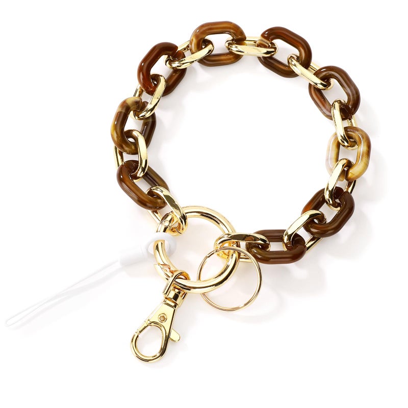 Junyuerly Stylish Wrist Lanyard Keychain Wristlet Key Chains Resin and Hardware Chains Link Gold Key Ring Bracelet for Women (Gold/Coffee) - Image 1