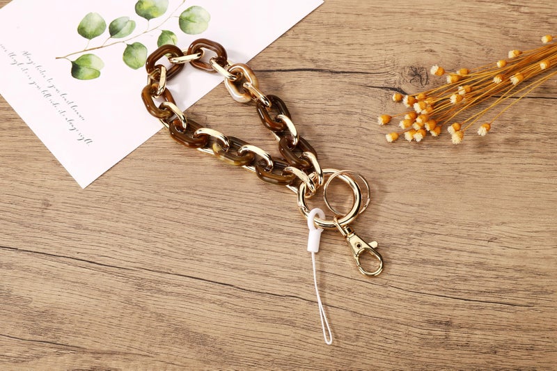 Junyuerly Stylish Wrist Lanyard Keychain Wristlet Key Chains Resin and Hardware Chains Link Gold Key Ring Bracelet for Women (Gold/Coffee) - Image 2