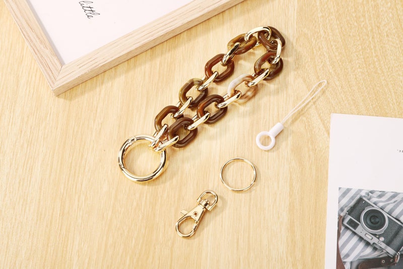 Junyuerly Stylish Wrist Lanyard Keychain Wristlet Key Chains Resin and Hardware Chains Link Gold Key Ring Bracelet for Women (Gold/Coffee) - Image 3